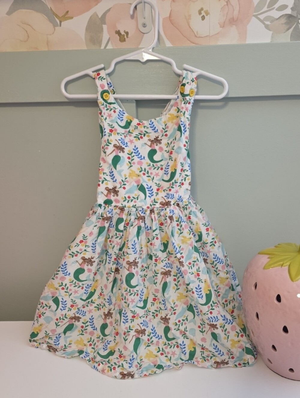 Mini Boden 3/4 White Floral & Teal Mermaid Print Sundress Dress